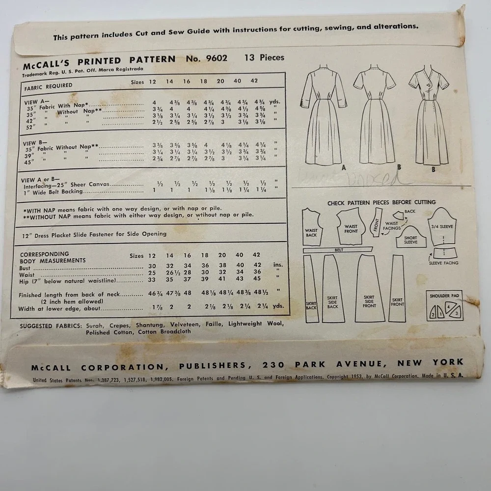 McCalls Vintage 1950's Pattern #9602 Women's Dress‎ Size 16